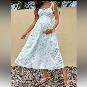 Maternity Blue Floral Maxi Dress with Ribbon Straps Size Large